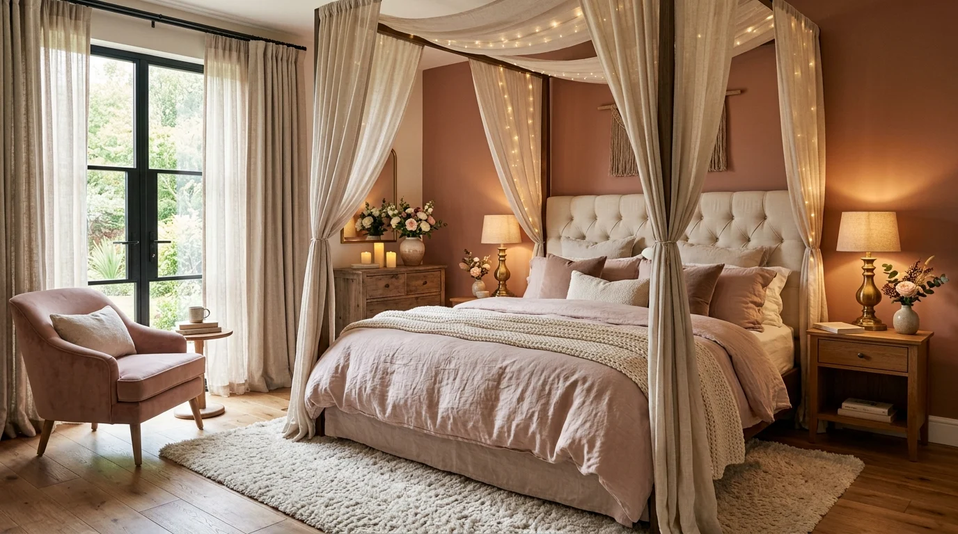 Romantic bedroom with canopy bed, layered bedding, fairy lights, candles, and warm cozy decor.