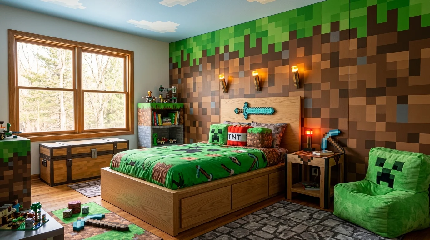 Minecraft-themed bedroom with a pixel grass wall, crafting table nightstand, Creeper chair, and block furniture.