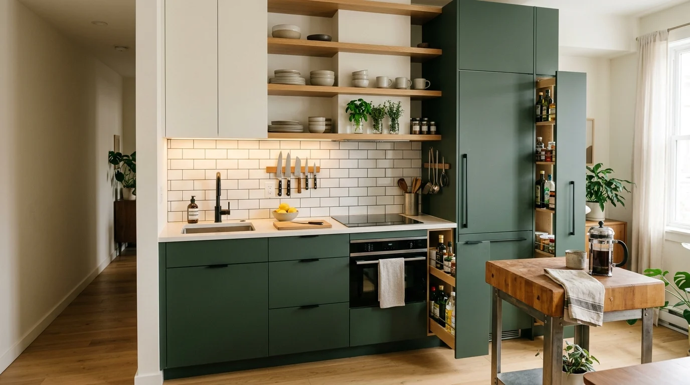 Stylish mini kitchen with green cabinets, open shelves, compact appliances, and smart storage.