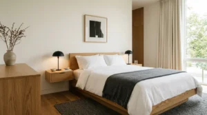 Minimalist bedroom with a platform bed, white bedding, oak furniture, and clutter-free styling.