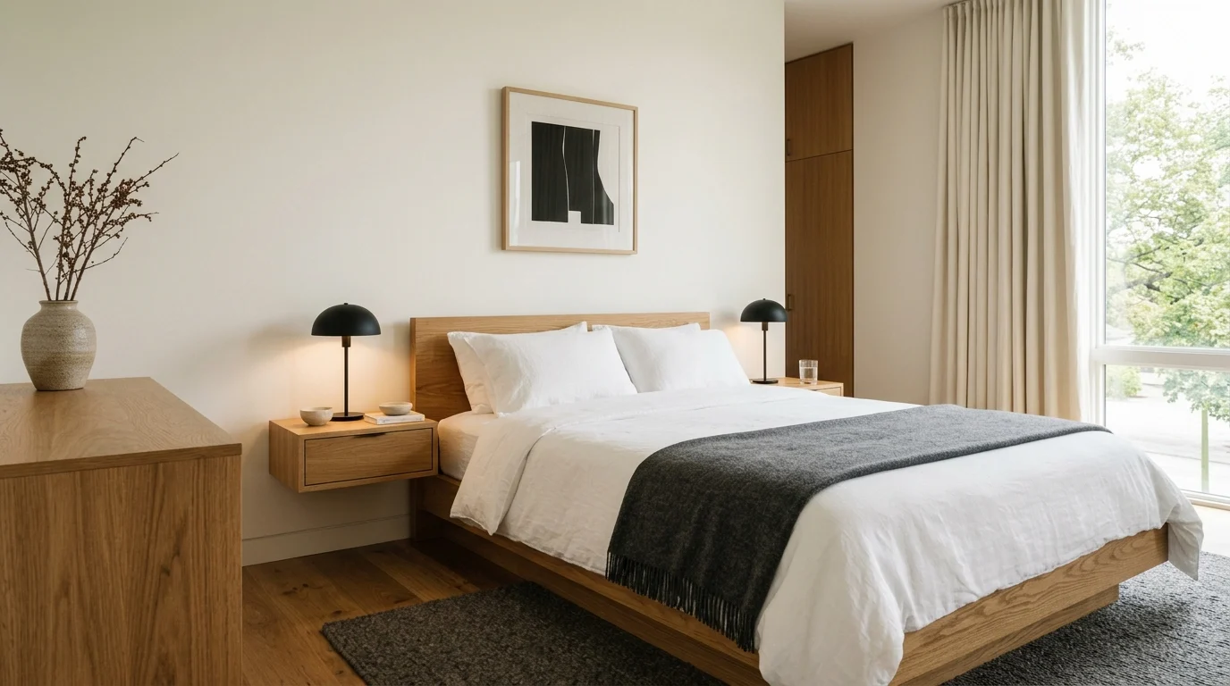 Minimalist bedroom with a platform bed, white bedding, oak furniture, and clutter-free styling.
