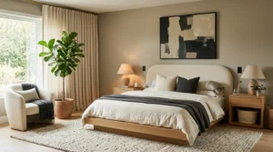 Modern bedroom makeover with a curved headboard, neutral colors, light wood furniture, and warm lighting.