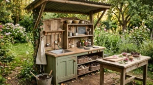 DIY wooden mud kitchen with a sink, chalkboard, utensils, and outdoor sensory play features.