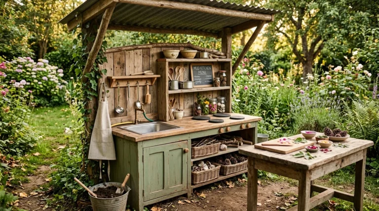 DIY wooden mud kitchen with a sink, chalkboard, utensils, and outdoor sensory play features.