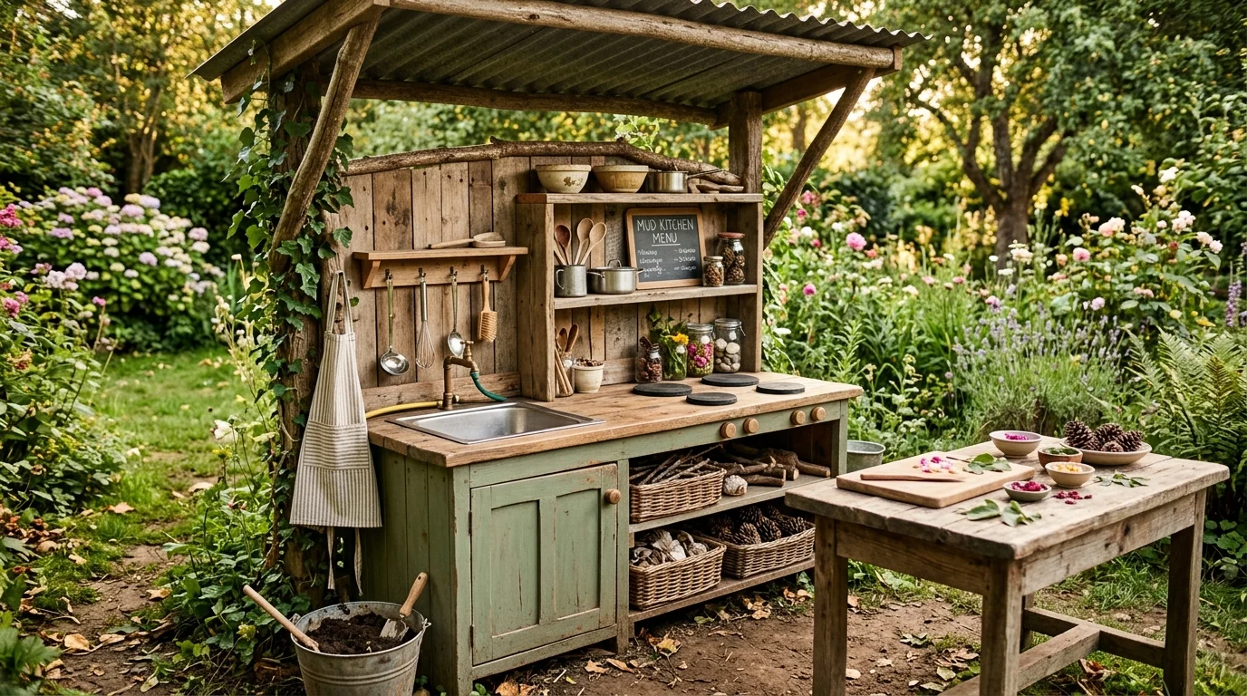 DIY wooden mud kitchen with a sink, chalkboard, utensils, and outdoor sensory play features.