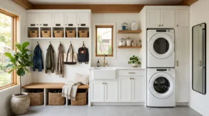 Organized mudroom laundry room combo with built-in cubbies, storage bench, washer, dryer, and folding counter.