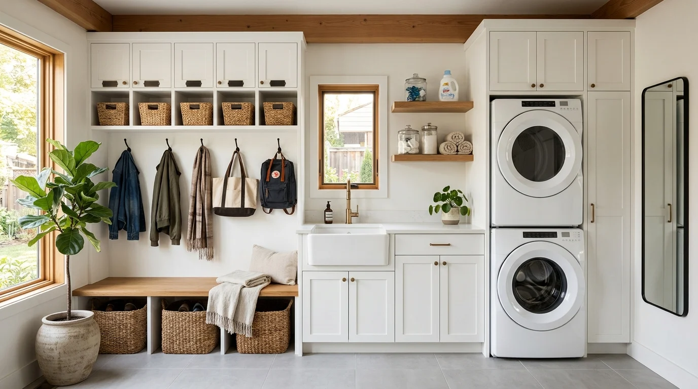 Organized mudroom laundry room combo with built-in cubbies, storage bench, washer, dryer, and folding counter.