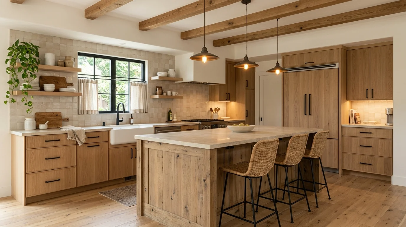 Rustic modern kitchen with light wood cabinets, reclaimed wood island, black accents, and natural stone.