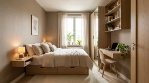 Smart small bedroom layout with space-saving furniture, vertical storage, and a clear walking path.