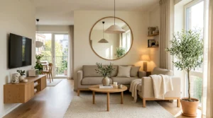 Modern small living room with neutral decor and smart space-saving layout.