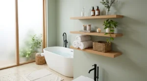 Spa-like bathroom shelves styled with rolled towels, amber bottles, greenery, and natural decor