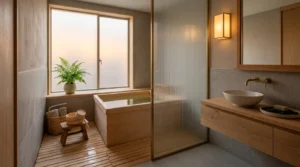 Japanese-style bathroom with deep soaking tub, natural wood, stone tile, frosted glass and warm spa lighting.