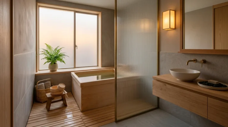 Japanese-style bathroom with deep soaking tub, natural wood, stone tile, frosted glass and warm spa lighting.