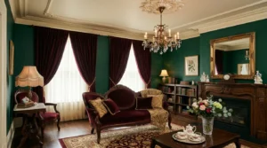 Victorian living room with emerald walls, carved furniture, burgundy velvet, a gilt mirror, and an ornate fireplace.