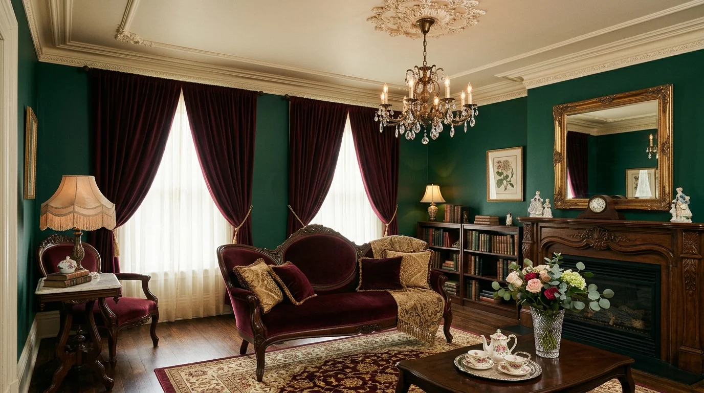 Victorian living room with emerald walls, carved furniture, burgundy velvet, a gilt mirror, and an ornate fireplace.