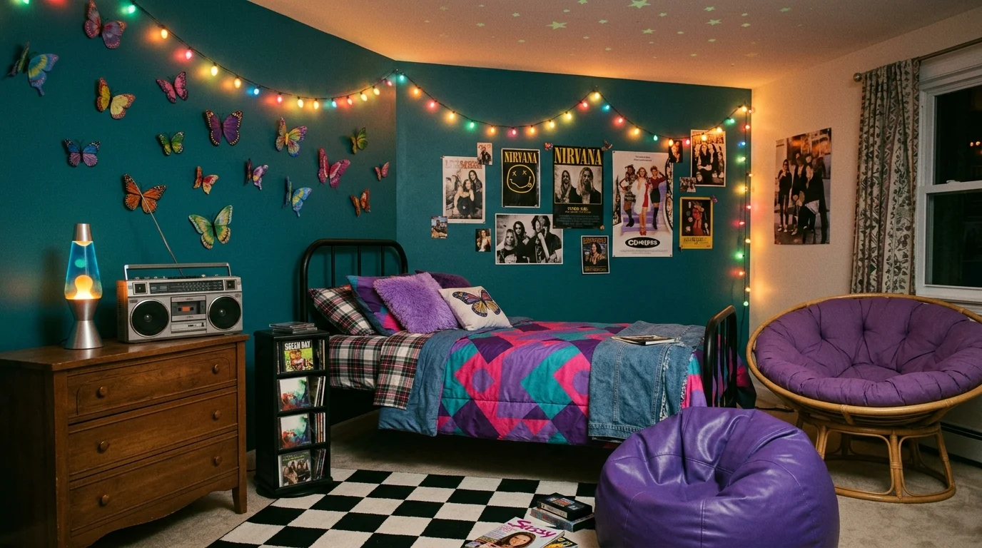 nostalgic 1990s inspired bedroom, authentic 90s interior design, deep teal accent wall, purple and hot pink textile accents, classic bean bag chair, glowing lava lamp on dresser, colorful string lights, small CD tower, checkerboard rug, rounded bubble furniture, papasan chair, vintage boombox, butterfly wall accents, denim and plaid textiles, glow in the dark stars subtly visible on ceiling, playful but thoughtfully styled, realistic lived-in bedroom, strong 1990s visual identity, no modern minimalist furniture, no people, no text, realistic interior photography, Pinterest aesthetic, vertical 2:3 composition
