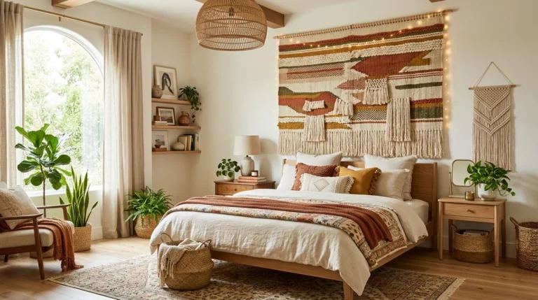 Boho bedroom with a large woven tapestry, natural wood furniture, plants, and warm lighting