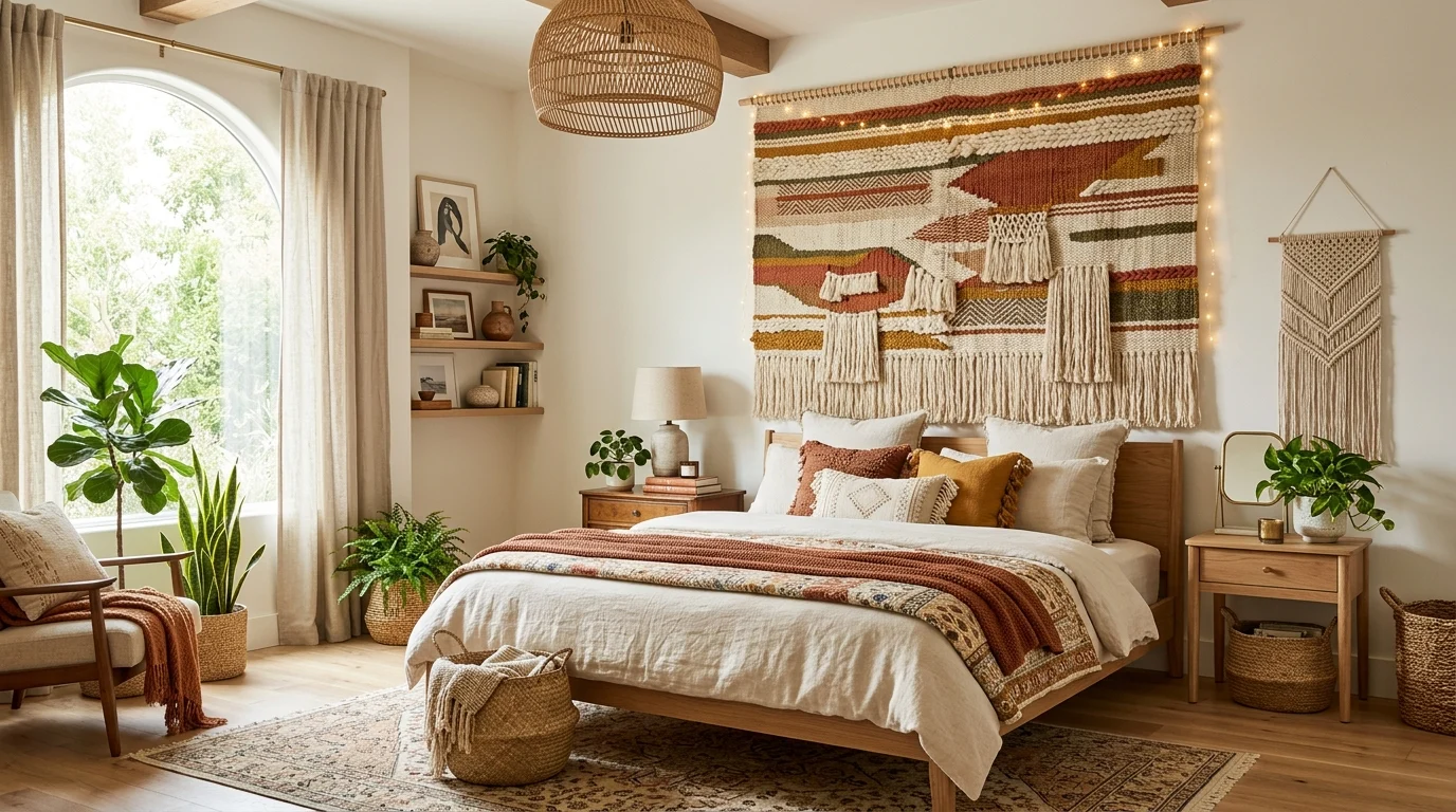 Boho bedroom with a large woven tapestry, natural wood furniture, plants, and warm lighting