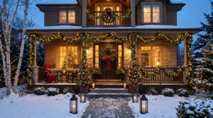 Beautiful Christmas front porch with wreath, garland, lights, and mini trees