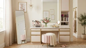 Elegant beauty room with a large vanity, organized makeup storage, soft lighting, and neutral decor.
