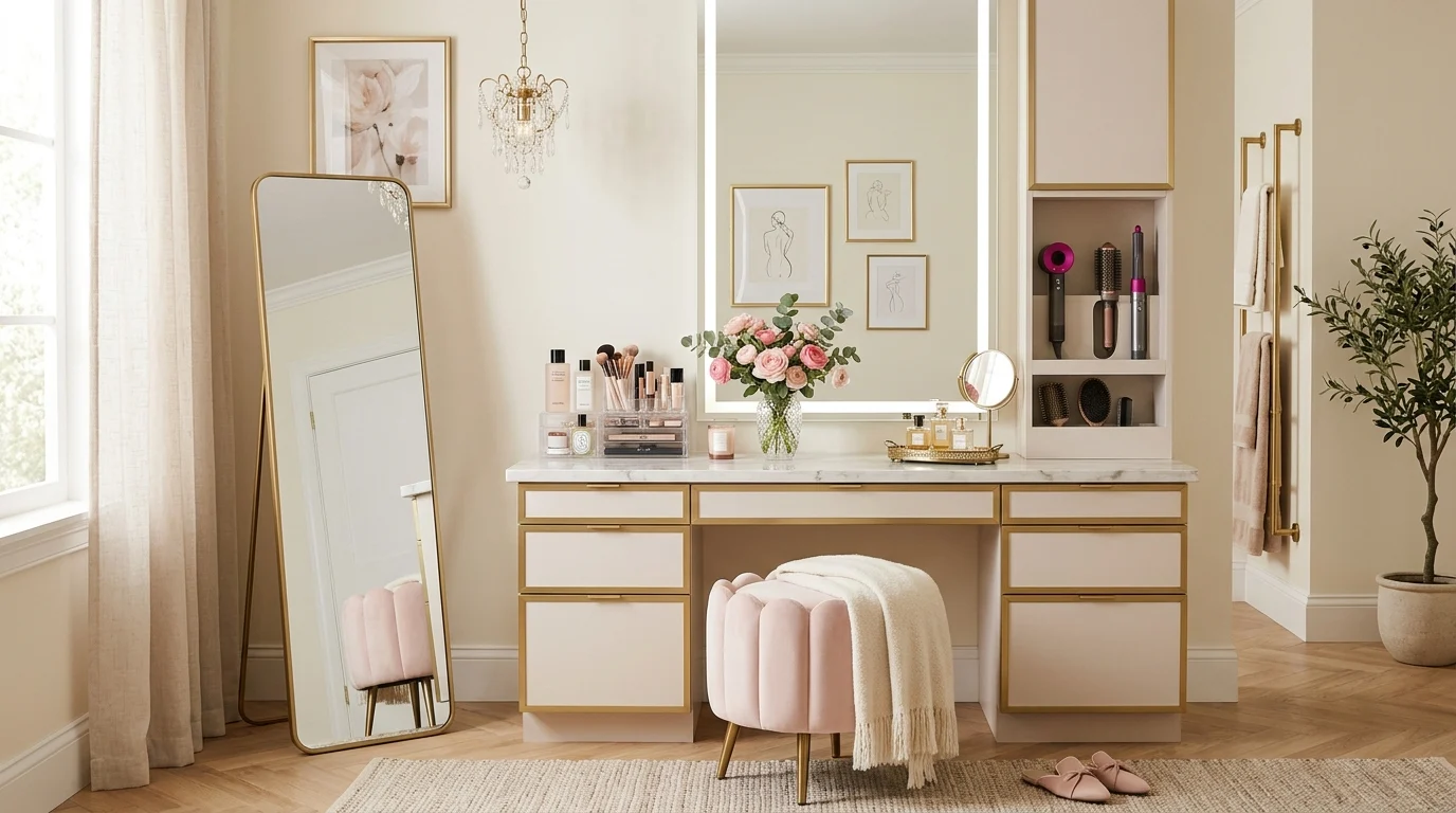 Elegant beauty room with a large vanity, organized makeup storage, soft lighting, and neutral decor.