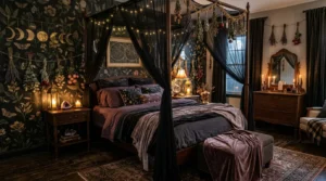 Dreamy witchy bedroom with dark romantic decor, candles and celestial accents