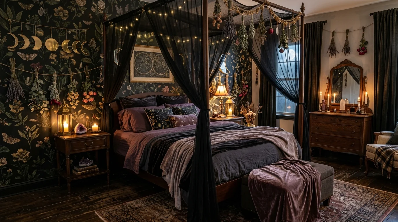 Dreamy witchy bedroom with dark romantic decor, candles and celestial accents