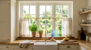 Elegant kitchen window above a sink with linen curtains, herbs, glass bottles, and natural light.