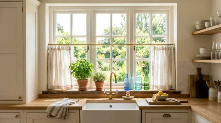 Elegant kitchen window above a sink with linen curtains, herbs, glass bottles, and natural light.