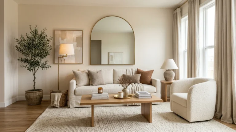 Elegant budget living room with cream sofa, linen curtains, brass mirror, layered lighting, and designer styling.