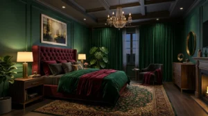 A luxurious moody bedroom featuring deep emerald green walls, a tall burgundy velvet tufted headboard, black and dark walnut furniture, brass accents, warm bedside lamps, layered ambient lighting, rich velvet bedding, textured area rug, elegant chandelier, indoor plants, heavy floor-length curtains, romantic atmosphere, high-end interior design, realistic photography, Architectural Digest style, ultra detailed, 8K.