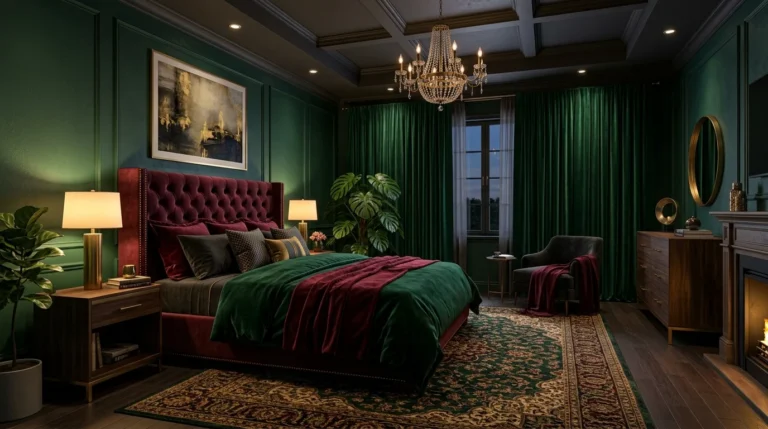 A luxurious moody bedroom featuring deep emerald green walls, a tall burgundy velvet tufted headboard, black and dark walnut furniture, brass accents, warm bedside lamps, layered ambient lighting, rich velvet bedding, textured area rug, elegant chandelier, indoor plants, heavy floor-length curtains, romantic atmosphere, high-end interior design, realistic photography, Architectural Digest style, ultra detailed, 8K.