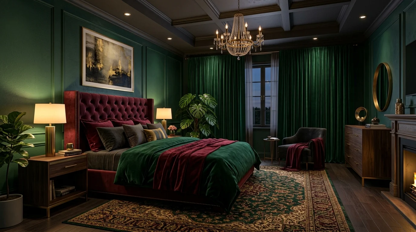 A luxurious moody bedroom featuring deep emerald green walls, a tall burgundy velvet tufted headboard, black and dark walnut furniture, brass accents, warm bedside lamps, layered ambient lighting, rich velvet bedding, textured area rug, elegant chandelier, indoor plants, heavy floor-length curtains, romantic atmosphere, high-end interior design, realistic photography, Architectural Digest style, ultra detailed, 8K.