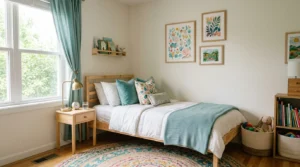 Playful girls bedroom with teal accents, canopy bed, reading nook, cozy rug, and personalized decor.