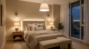 A beautifully designed modern cozy bedroom showcasing layered lighting, elegant bedside lamps, warm white ambient illumination, stylish wall sconces, a soft pendant light, subtle LED lighting behind the headboard, luxurious upholstered bed, neutral beige and cream color palette, natural wood nightstands, soft bedding, tasteful decorative pillows, large windows with sheer curtains, warm inviting evening atmosphere, realistic interior photography, sophisticated home decor magazine style, balanced composition, natural shadows, photorealistic, high-end interior design, no people, no text, no watermark, 16:9 landscape composition.
