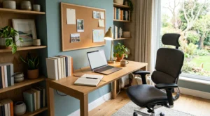 Calm home study room with an organized desk, ergonomic chair, plants, and natural light.
