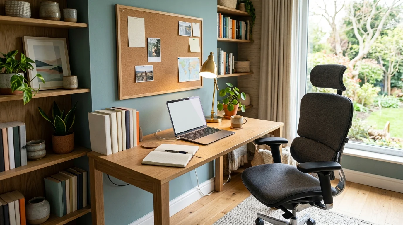 Calm home study room with an organized desk, ergonomic chair, plants, and natural light.