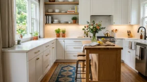 Freshly refreshed kitchen with brass cabinet hardware, greenery, warm lighting, and a patterned runner.
