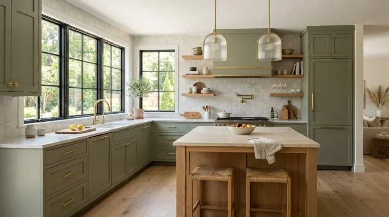Modern kitchen with warm sage green cabinets and brass hardware