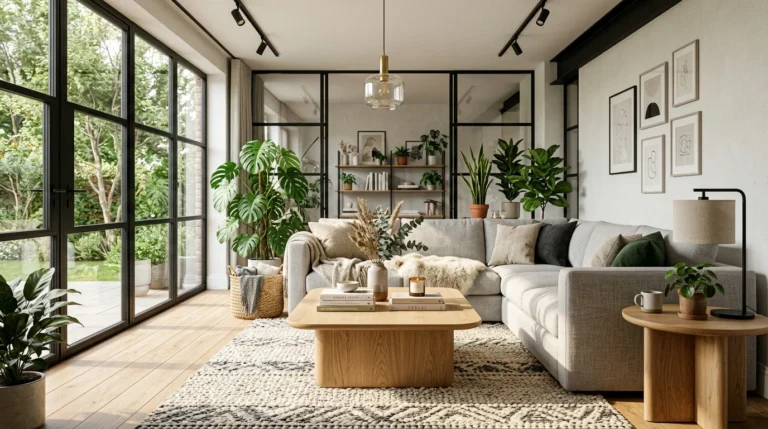A luxury modern living room featuring a beautiful oak coffee table, matching side tables, designer sofa, textured rug, indoor plants, decorative books, stylish lighting, black metal accents, Scandinavian interior design, cozy atmosphere, natural sunlight, ultra realistic interior photography, magazine quality, 8K.