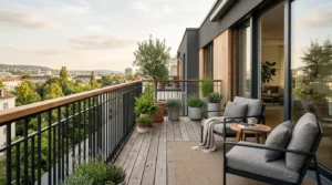 Stylish balcony railing design with black metal and natural wood
