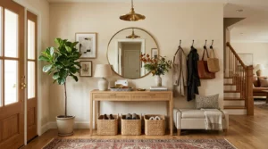 Stylish entryway with console table, mirror, bench, plants, and organized storage