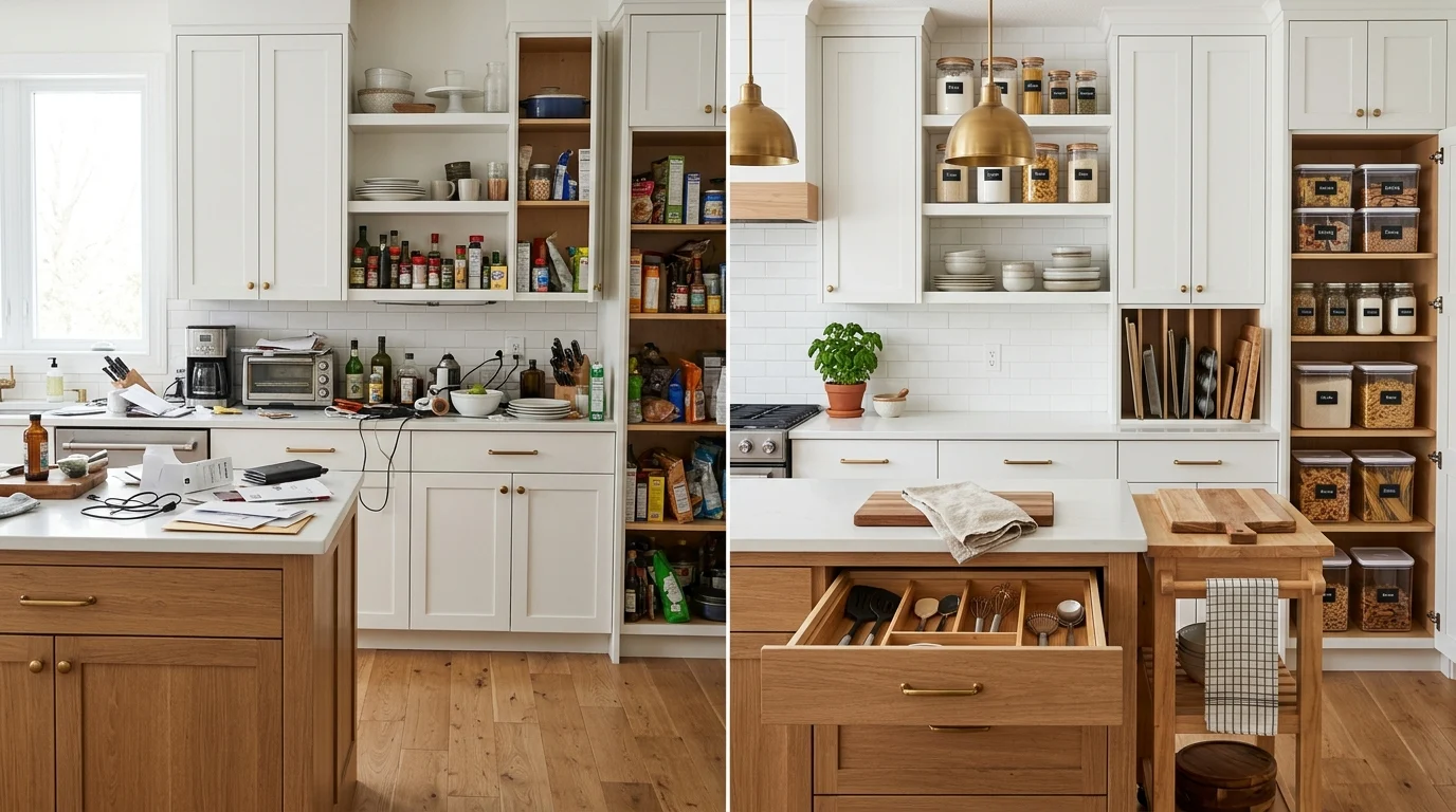 Organized modern kitchen with smart cabinet storage, pantry bins, and clutter-free countertops.