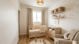 Small nursery with a mini crib, wall storage, compact furniture, and neutral decor.