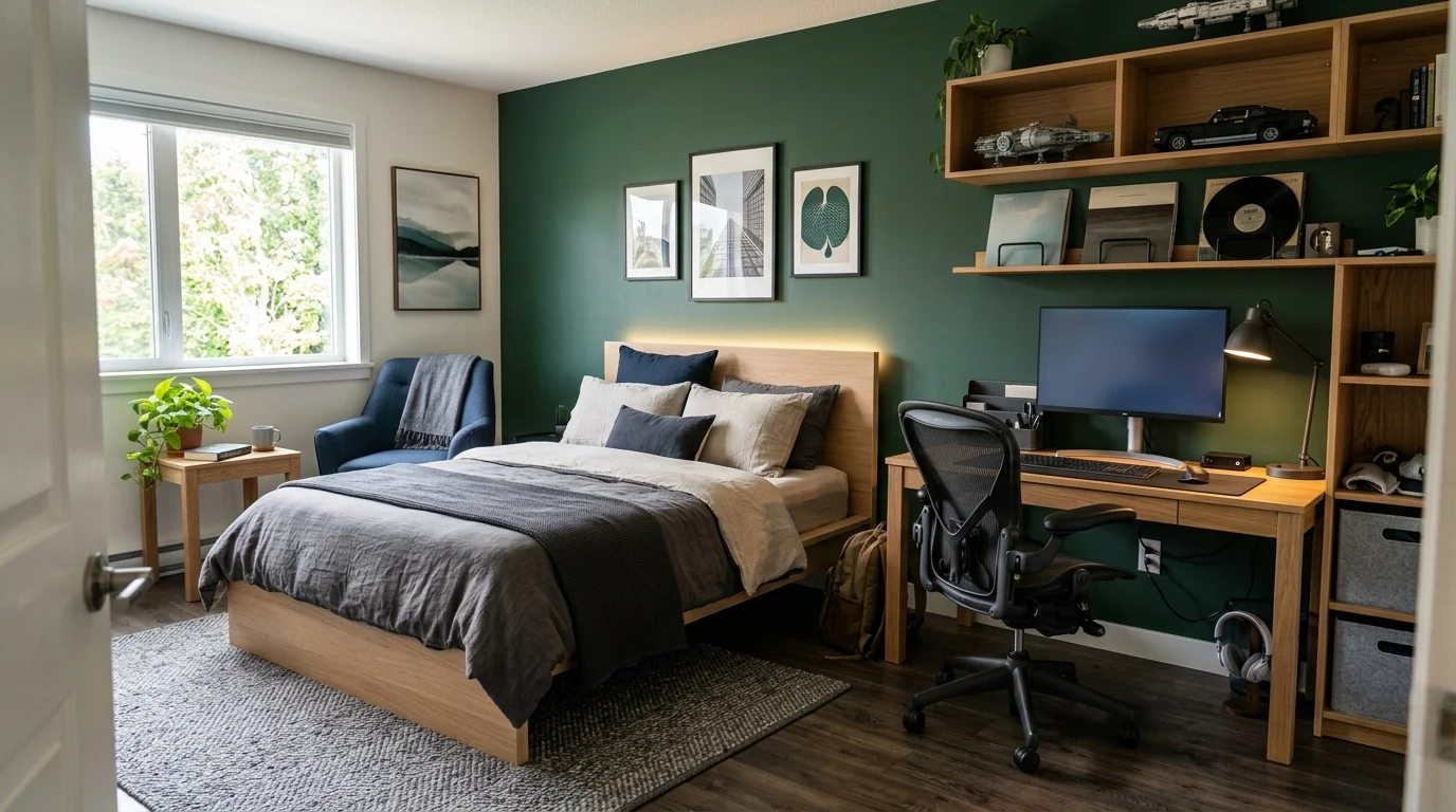 Modern teenage boy bedroom with gaming desk, model display shelves, and personalized decor