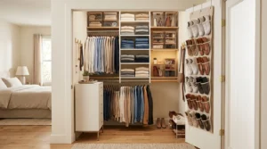 Small walk-in closet with space-saving storage and organized wardrobe
