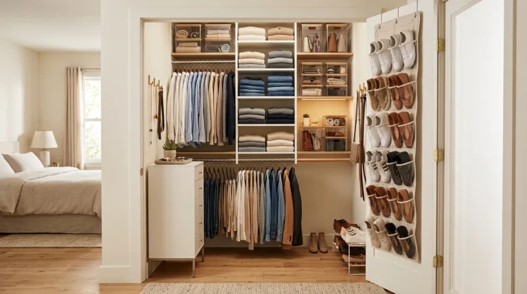 Small walk-in closet with space-saving storage and organized wardrobe
