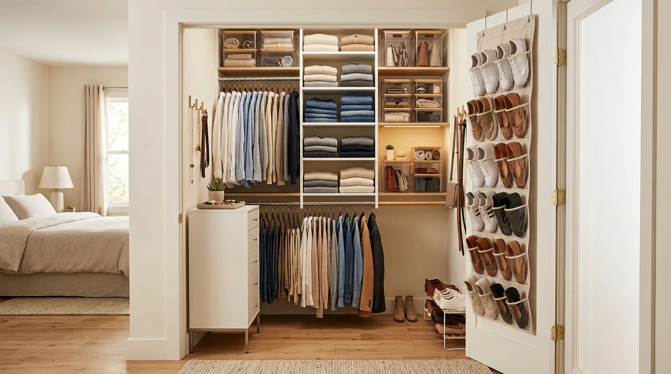 Small walk-in closet with space-saving storage and organized wardrobe