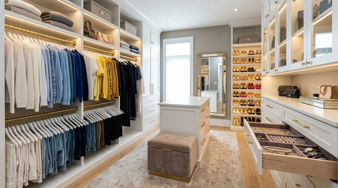 A luxurious modern walk-in closet featuring custom white built-in shelving, double hanging rods, organized clothing by color, glass-front cabinets, pull-out drawers, shoe shelves, velvet jewelry drawer, LED strip lighting, full-length mirror, wooden flooring, neutral color palette, elegant brass hardware, realistic interior photography, ultra-detailed, natural lighting, magazine-quality, 8K.