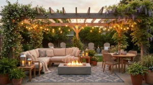 Cozy backyard patio with string lights, outdoor seating, rug, plants and fire pit